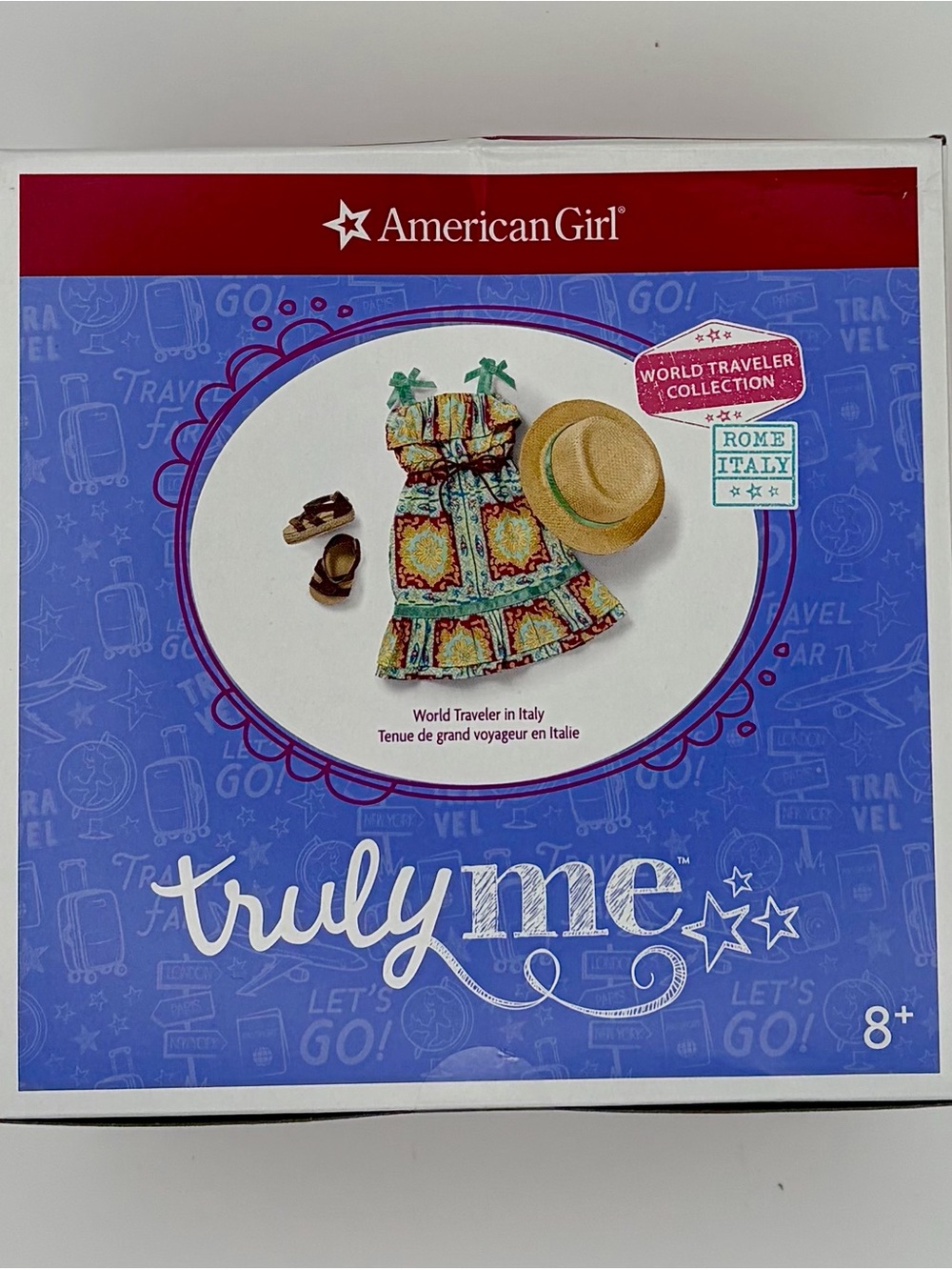 American Girl Green Multi-Print Travel Dress with Straw Hat & Brown Sandals NIB
